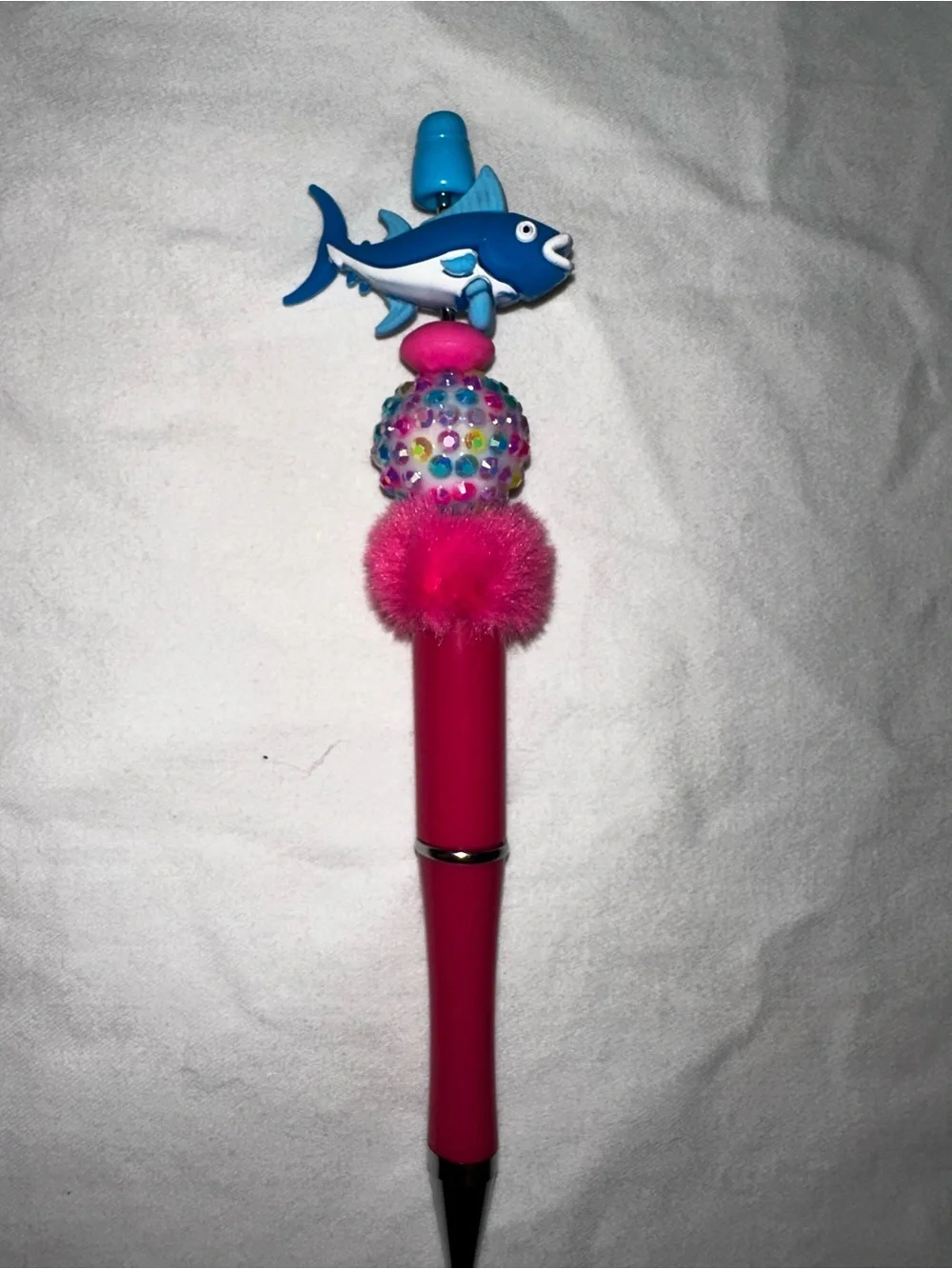 Blue Shark Top Pink Pom Pom Pen